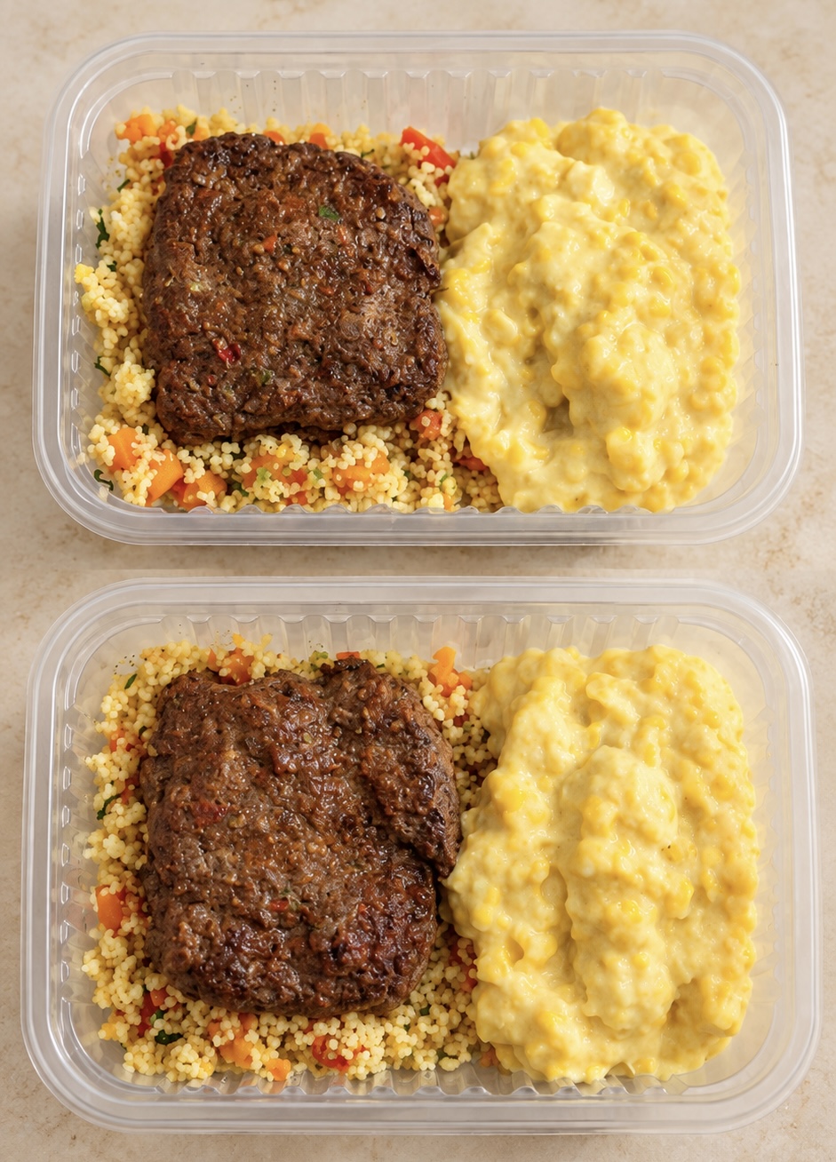 Produto Cuscuz marroquino com cenoura, creme de milho e hamburger artesanal